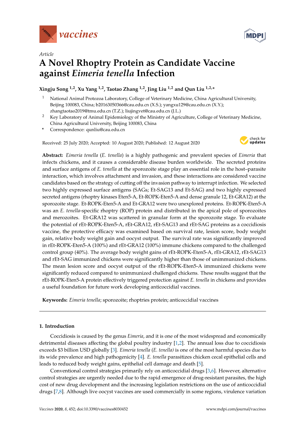 A Novel Rhoptry Protein As Candidate Vaccine Against Eimeria Tenella Infection