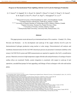 1 Progress in Thermochemical Water Splitting with the Cu-Cl Cycle For