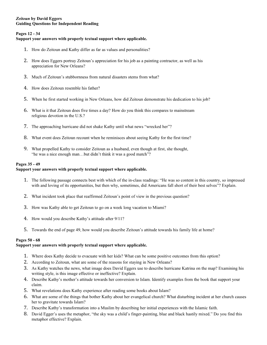 Guiding Questions for Independent Reading
