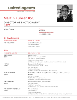 Martin Fuhrer BSC DIRECTOR of PHOTOGRAPHY Agent