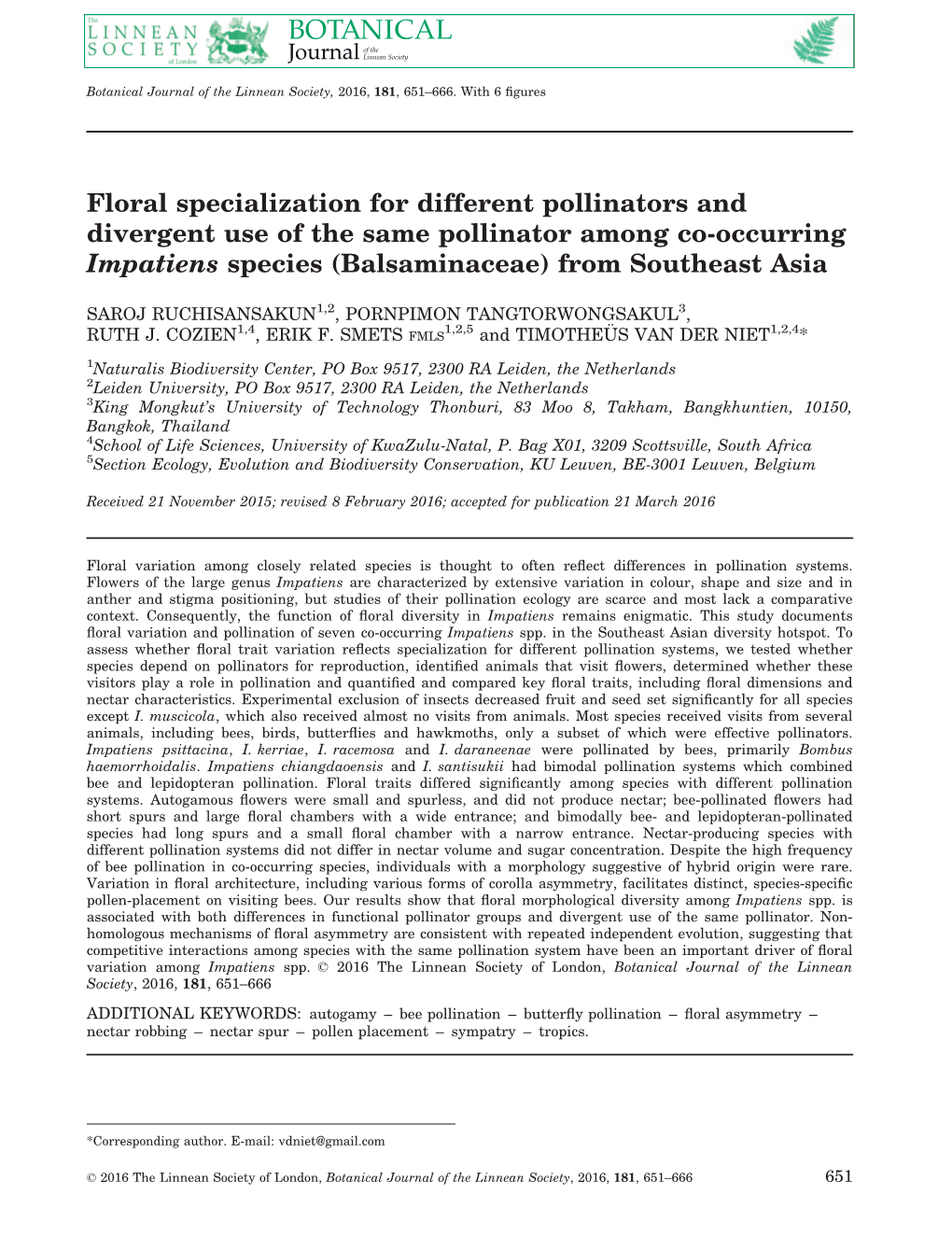 Floral Specialization for Different Pollinators and Divergent Use of the Same Pollinator Among Co-Occurring Impatiens Species (Balsaminaceae) from Southeast Asia
