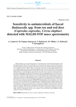 Sensitivity to Antimicrobials of Faecal Buttiauxella Spp. from Roe and Red Deer (Capreolus Capreolus, Cervus Elaphus) Detected with MALDI-TOF Mass Spectrometry