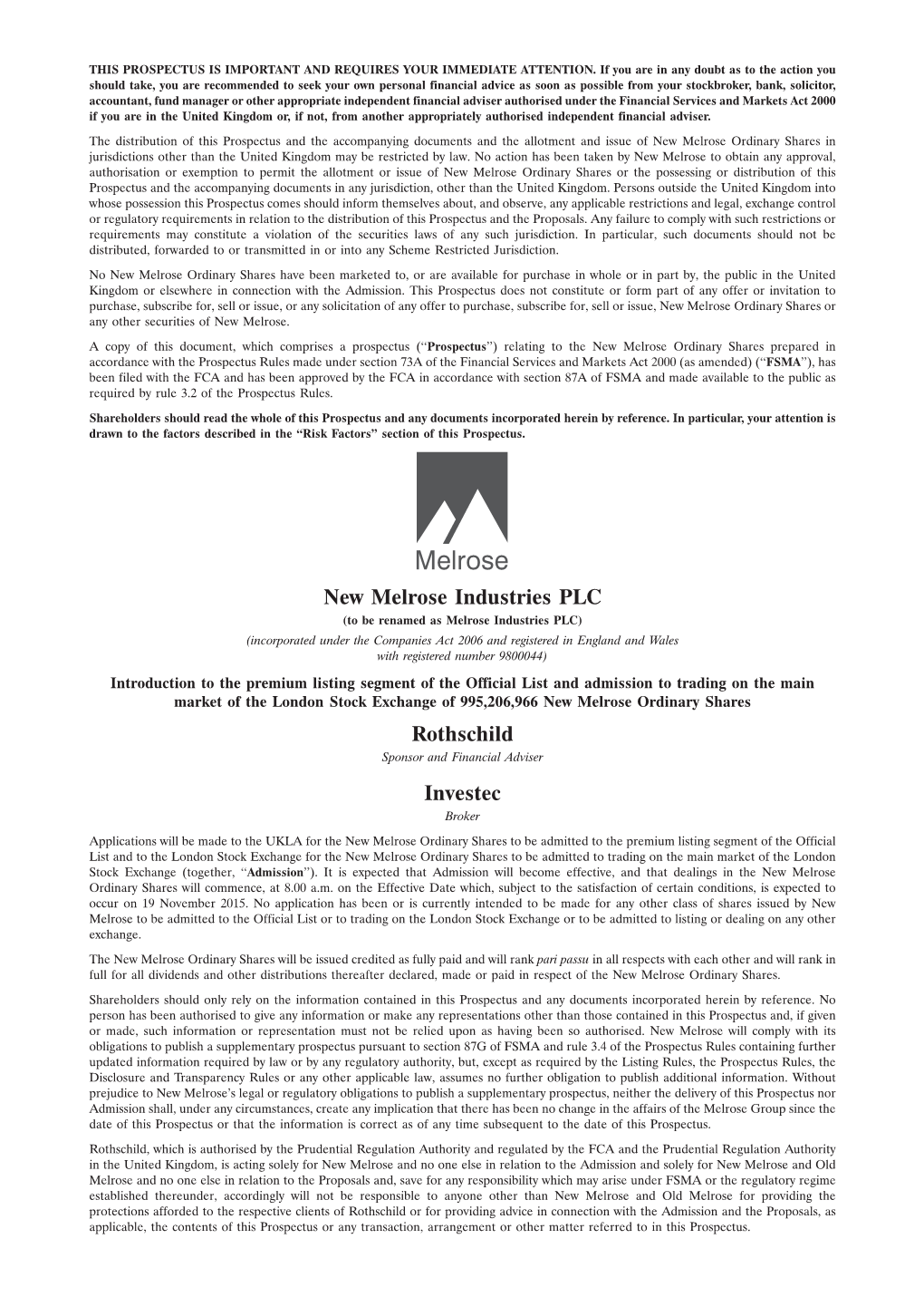 New Melrose Industries PLC Rothschild Investec