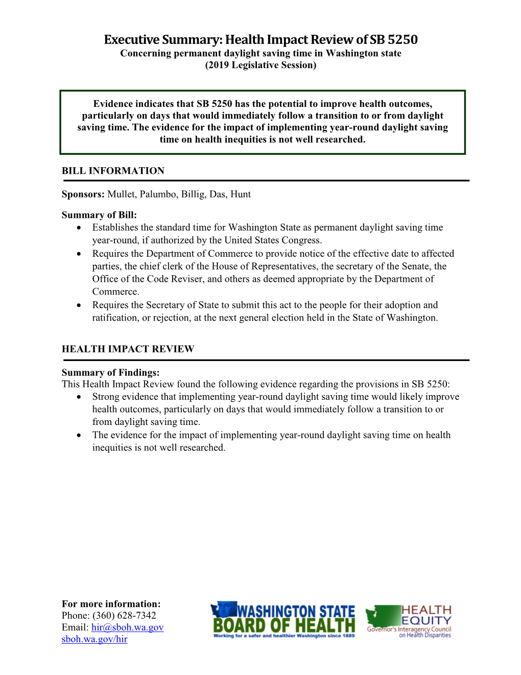 Health Impact Review of SB 5250 Concerning Permanent Daylight Saving Time in Washington State (2019 Legislative Session)