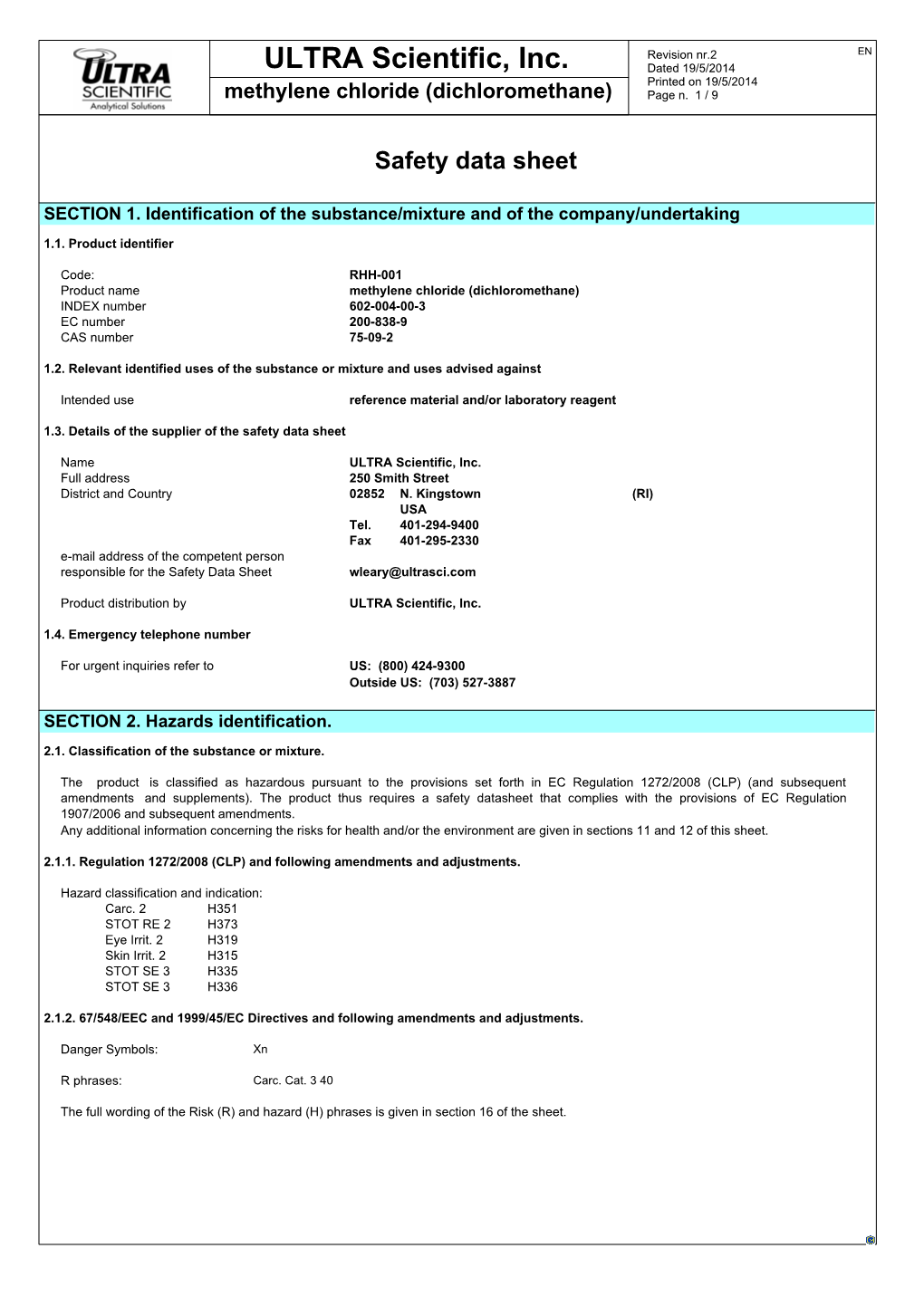 Methylene Chloride (Dichloromethane) Page N