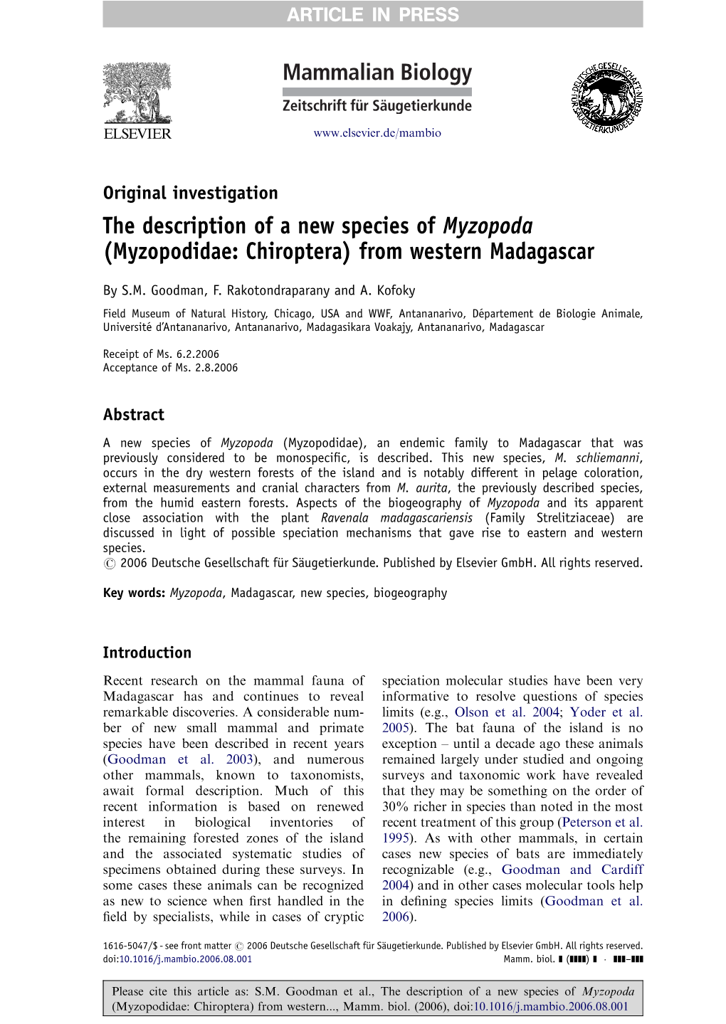 Myzopodidae: Chiroptera) from Western Madagascar