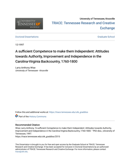 Attitudes Towards Authority, Improvement and Independence in the Carolina-Virginia Backcountry, 1760-1800