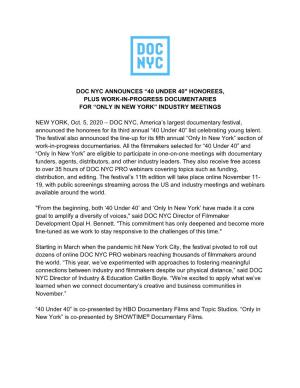 Doc Nyc Announces “40 Under 40" Honorees, Plus Work-In-Progress Documentaries for “Only in New York” Industry Meetings