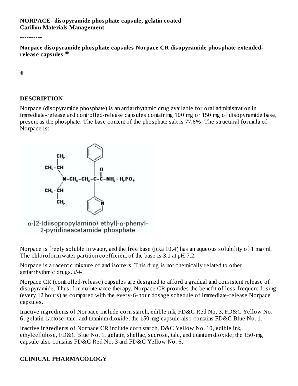 NORPACE- Disopyramide Phosphate Capsule, Gelatin Coated