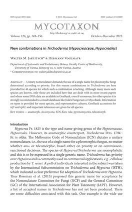 New Combinations in Trichoderma (&lt;I&gt;Hypocreaceae , Hypocreales&lt;/I&gt;)