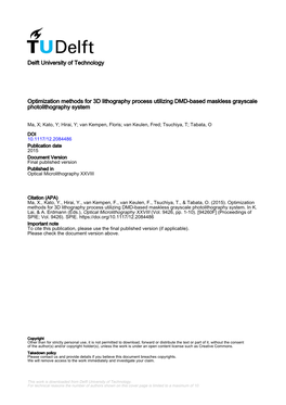 Optimization Methods for 3D Lithography Process Utilizing DMD-Based Maskless Grayscale Photolithography System