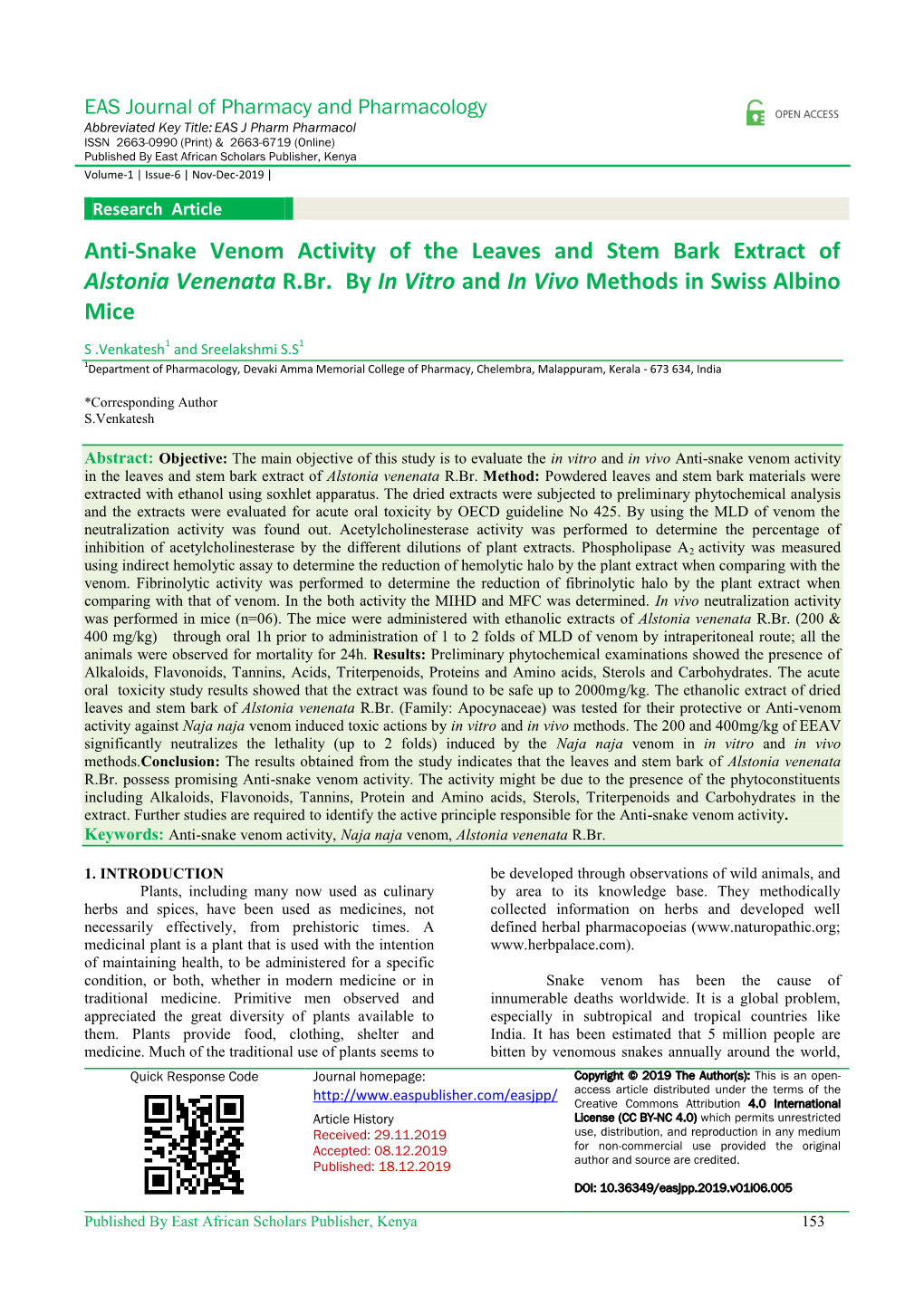 Anti-Snake Venom Activity of the Leaves and Stem Bark Extract of Alstonia Venenata R.Br