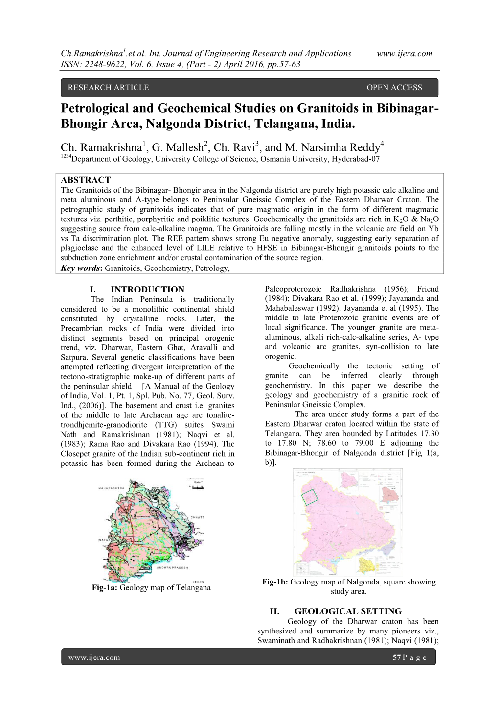 Petrological and Geochemical Studies on Granitoids in Bibinagar- Bhongir Area, Nalgonda District, Telangana, India