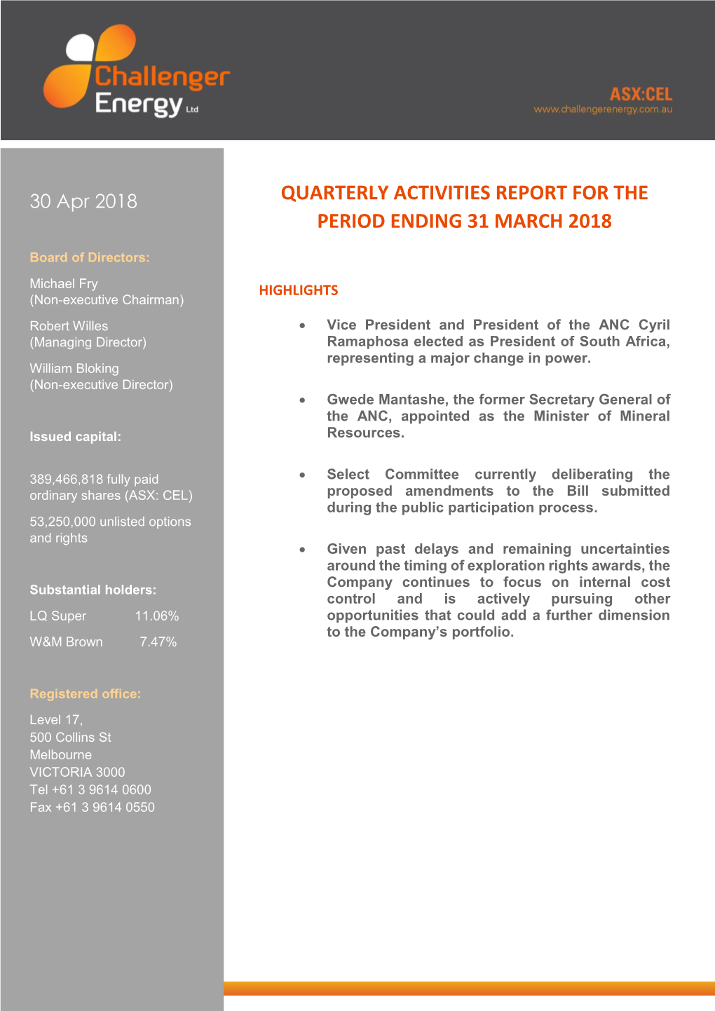 Quarterly Activities Report for the Period Ending 31
