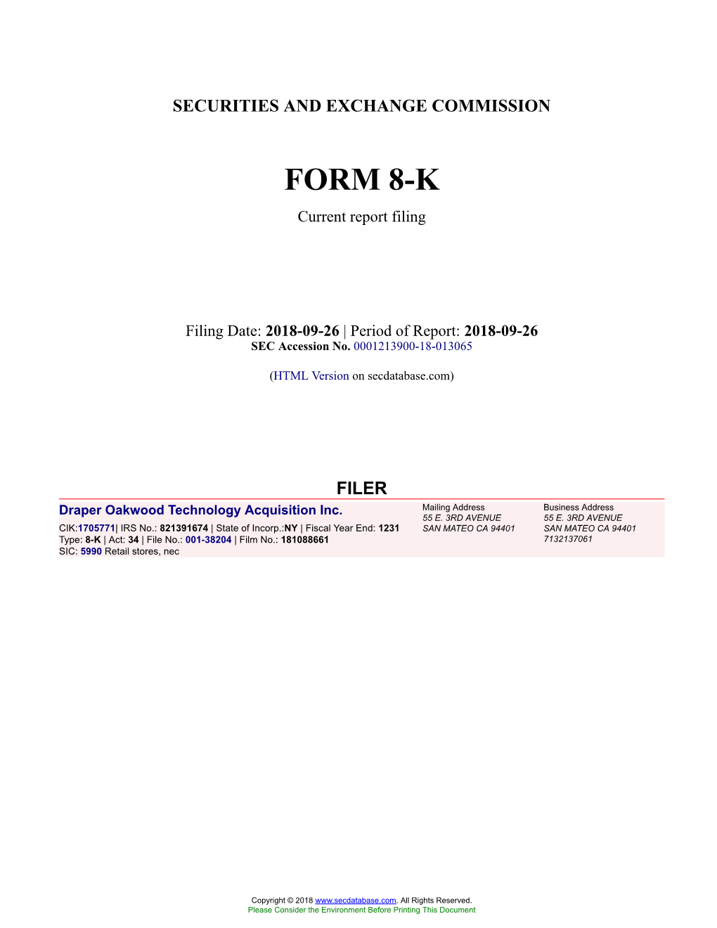 Draper Oakwood Technology Acquisition Inc. Form 8-K Current