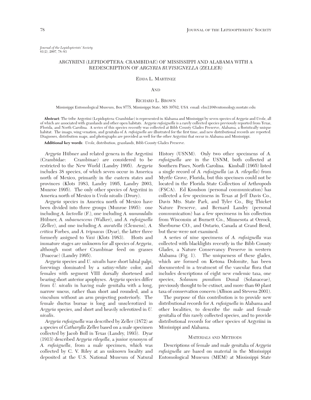 Argyriini (Lepidoptera: Crambidae) of Mississippi and Alabama with a Redescription of Argyria Rufisignella (Zeller)