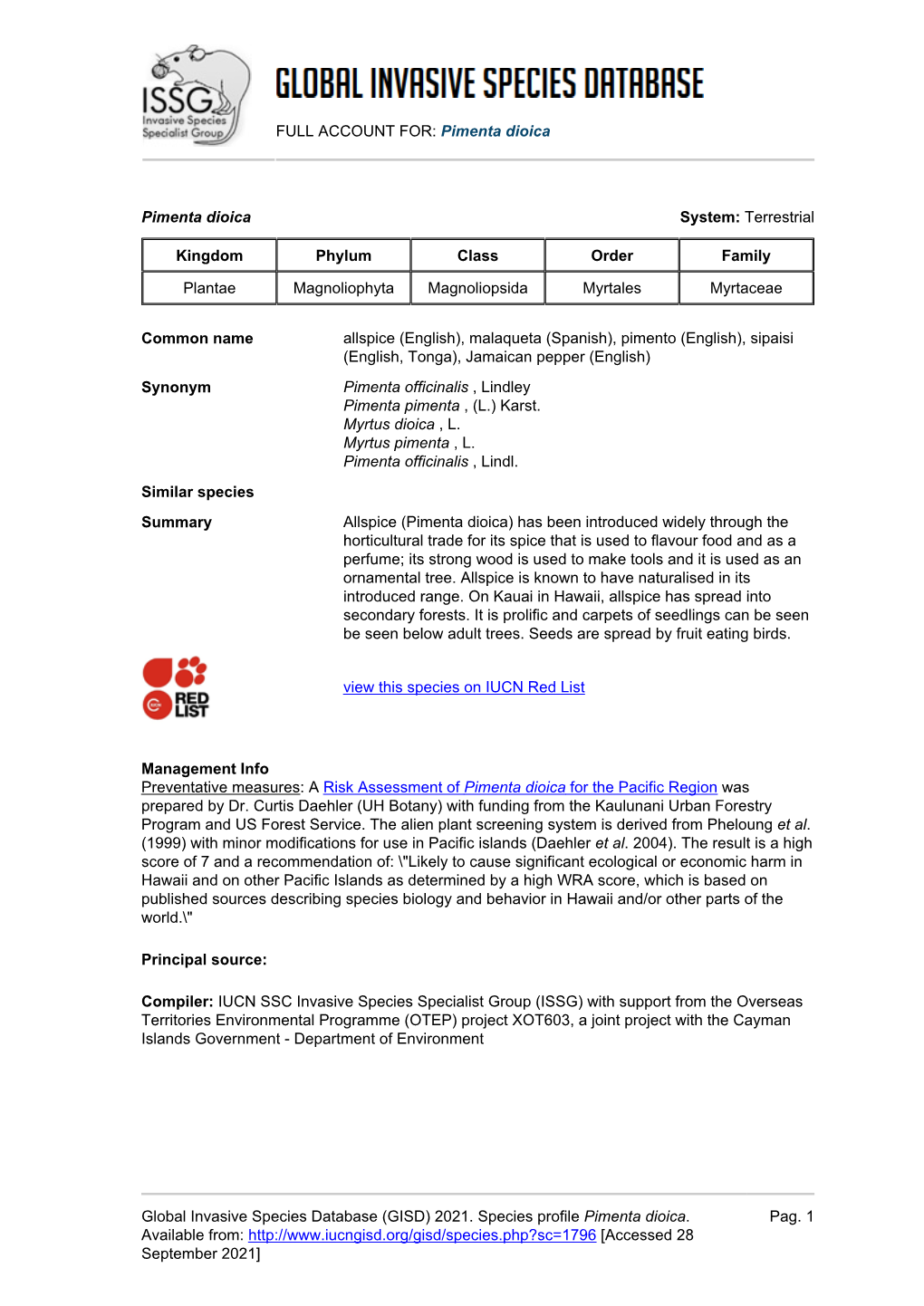 (GISD) 2021. Species Profile Pimenta Dioica. Available From: H