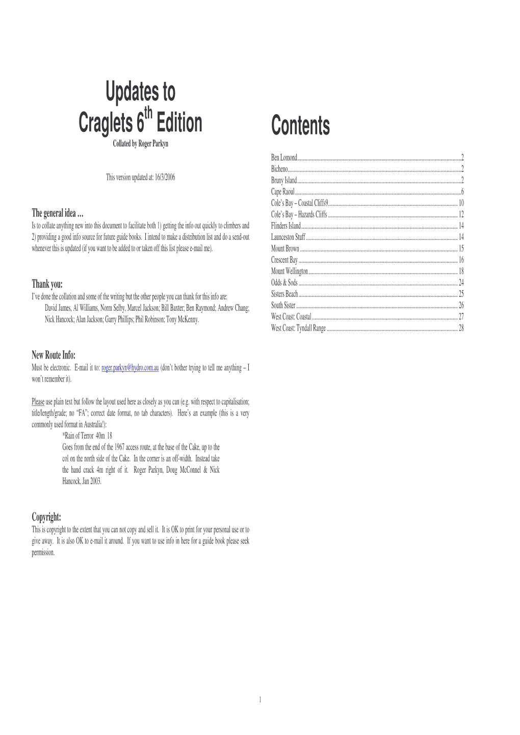 Updates to Craglets 6 Edition Contents