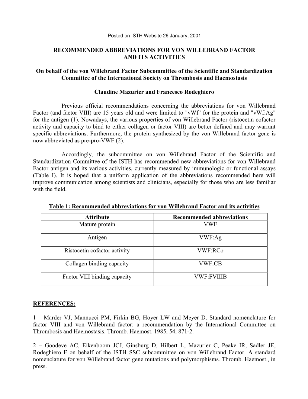 Recommended Abbreviations for Von Willebrand Factor and Its Activities