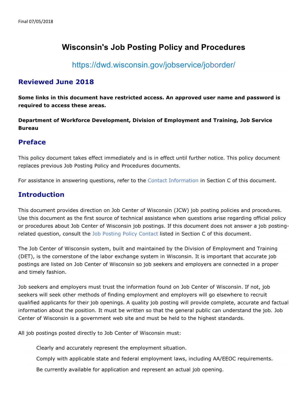 Wisconsin's Job Posting Policy and Procedures