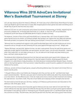 Villanova Wins 2018 Advocare Invitational Men's Basketball Tournament at Disney