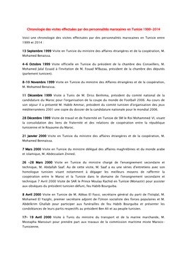 Chronologie Des Visites Effectuées Par Des Personnalités Marocaines En Tunisie 1999-2014