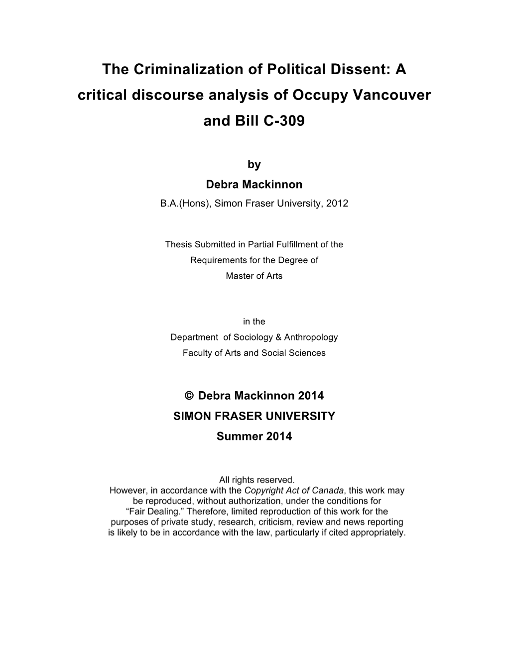 A Critical Discourse Analysis of Occupy Vancouver and Bill C-309