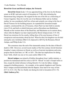 1 Luke Handout – Two Herods Herod the Great and Herod Antipas, The