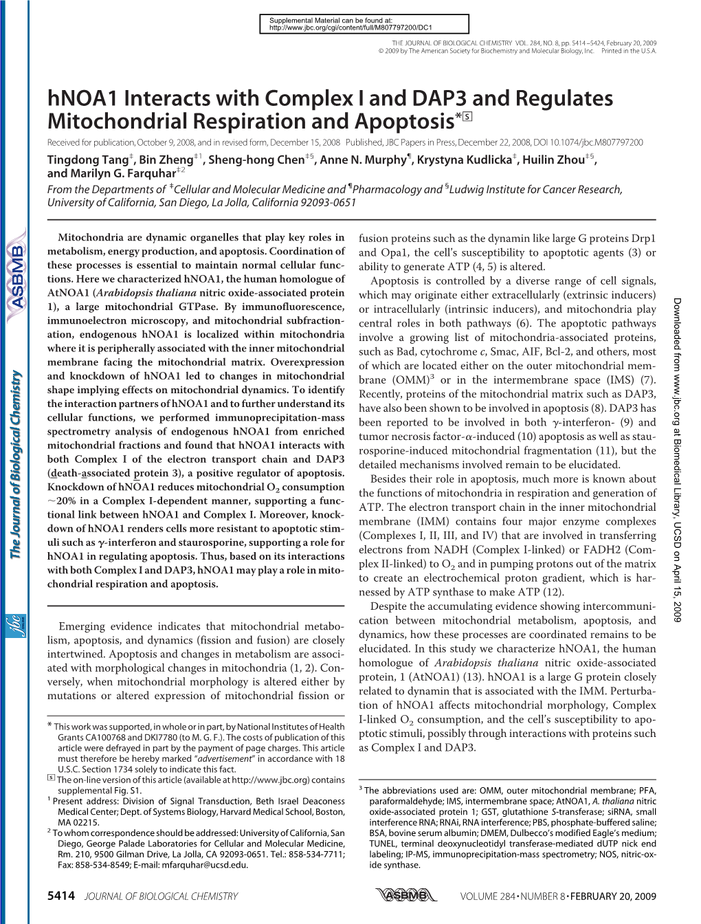 Hnoa1 Interacts with Complex I and DAP3 and Regulates