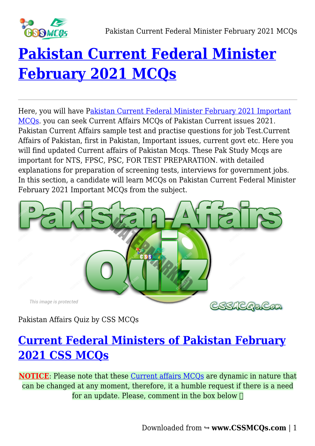 Pakistan Current Federal Minister February 2021 Mcqs Pakistan Current Federal Minister February 2021 Mcqs