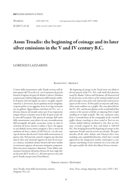 Assus Troadis: the Beginning of Coinage and Its Later Silver Emissions in the V and IV Century B.C