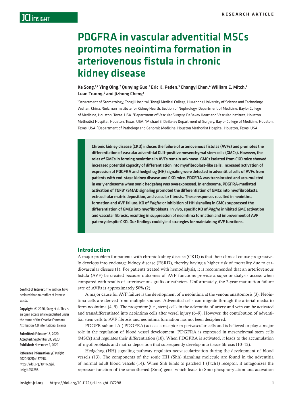 PDGFRA in Vascular Adventitial Mscs Promotes Neointima Formation in Arteriovenous Fistula in Chronic Kidney Disease