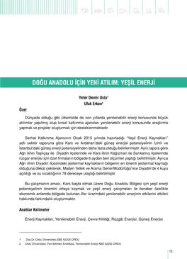 Doğu Anadolu Için Yeni Atilim: Yeşil Enerji