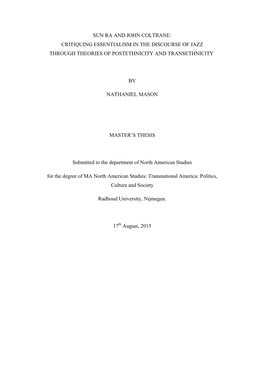 Sun Ra and John Coltrane: Critiquing Essentialism in the Discourse of Jazz Through Theories of Postethnicity and Transethnicity