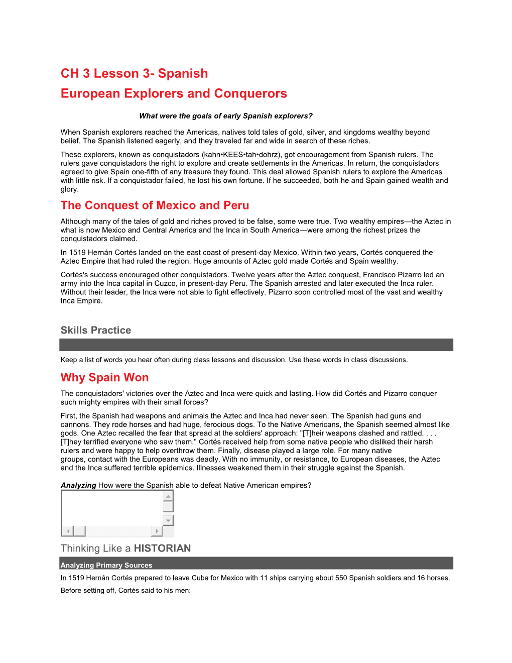 CH 3 Lesson 3- Spanish European Explorers and Conquerors