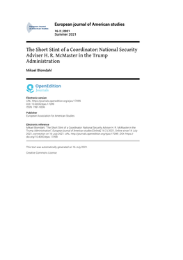 European Journal of American Studies, 16-2 | 2021 the Short Stint of a Coordinator: National Security Adviser H