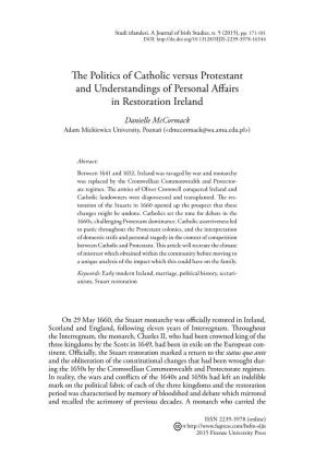 The Politics of Catholic Versus Protestant and Understandings of Personal Affairs in Restoration Ireland