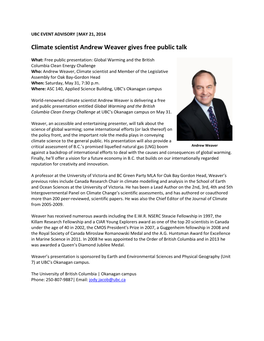 Climate Scientist Andrew Weaver Gives Free Public Talk