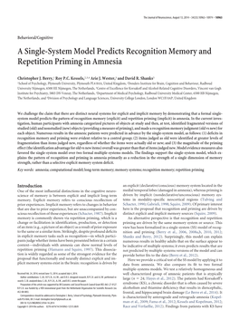 A Single-System Model Predicts Recognition Memory and Repetition Priming in Amnesia