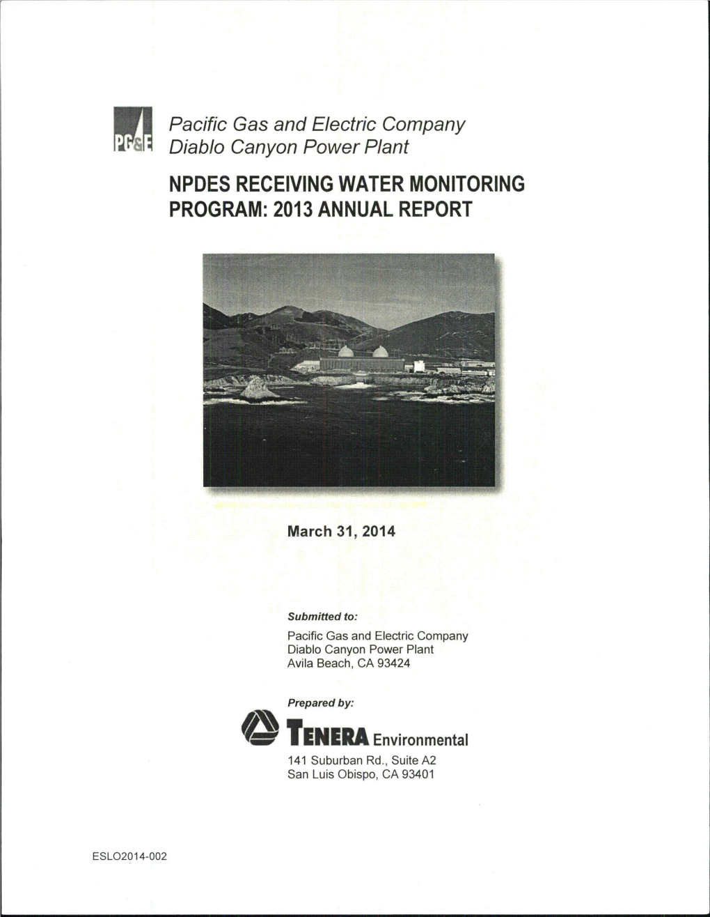 ESLO2014-002, "NPDES Receiving Water Monitoring Program: 2013