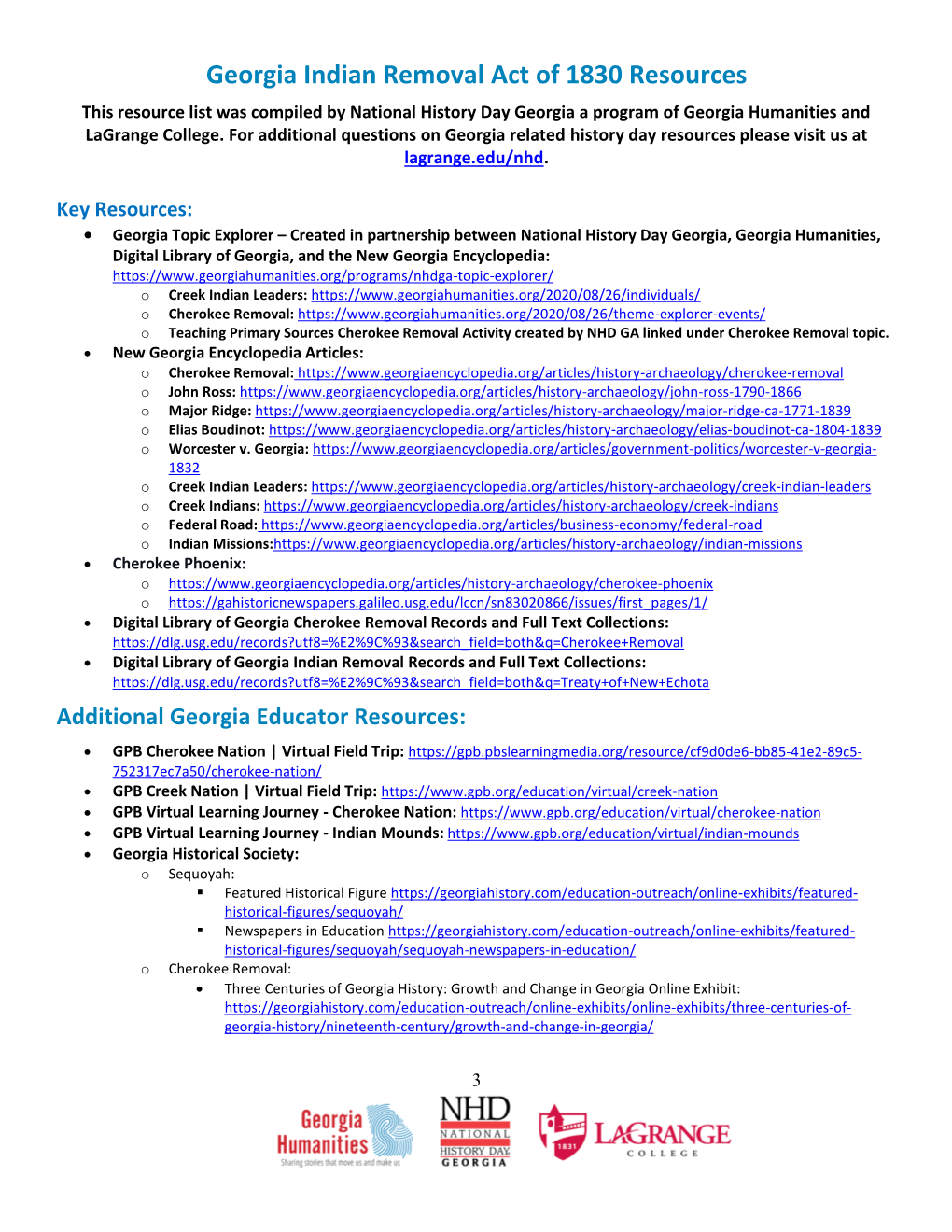 Georgia Indian Removal Act of 1830 Resources This Resource List Was Compiled by National History Day Georgia a Program of Georgia Humanities and Lagrange College