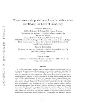 Co-Occurrence Simplicial Complexes in Mathematics: Identifying the Holes of Knowledge Arxiv:1803.04410V1 [Physics.Soc-Ph] 11 M