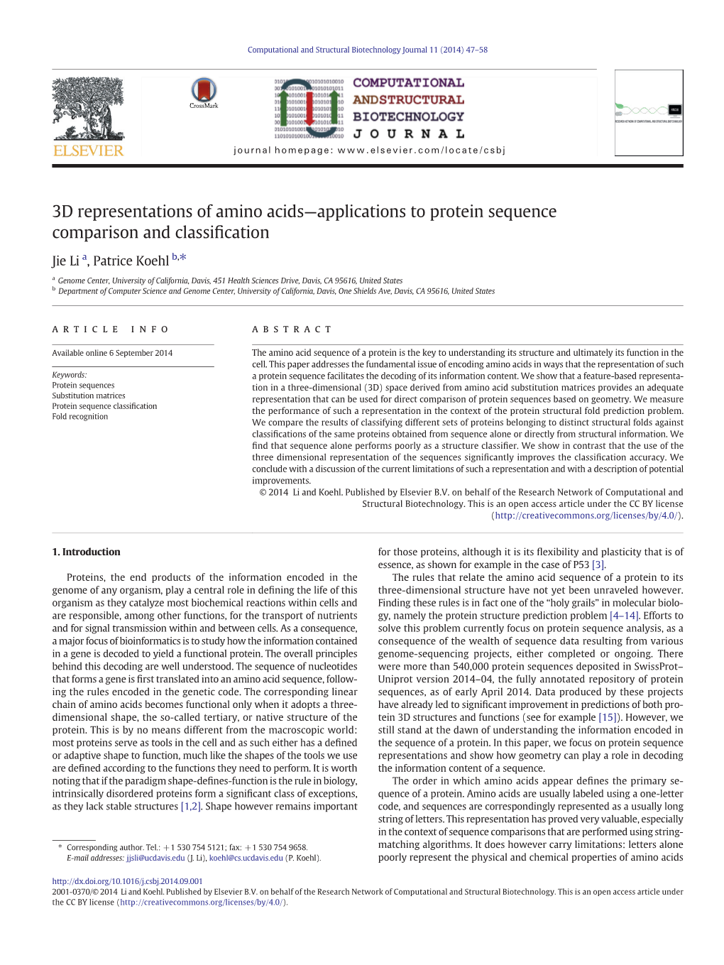 3D Representations of Amino Acids—Applications to Protein Sequence Comparison and Classiﬁcation