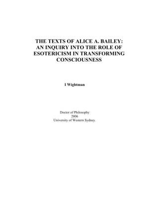 The Texts of Alice A. Bailey: an Inquiry Into the Role of Esotericism in Transforming Consciousness
