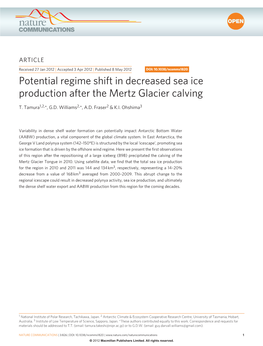 Potential Regime Shift in Decreased Sea Ice Production After the Mertz Glacier Calving