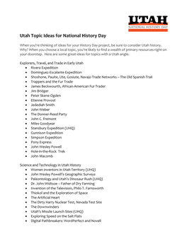 Utah Topic Ideas for National History Day