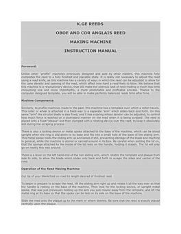 K.Ge Reeds Oboe and Cor Anglais Reed Making Machine Instruction Manual