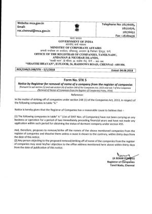 Form No. STK 5 Notice by Registrar for Removal of Name of a Company from the Register of Companies