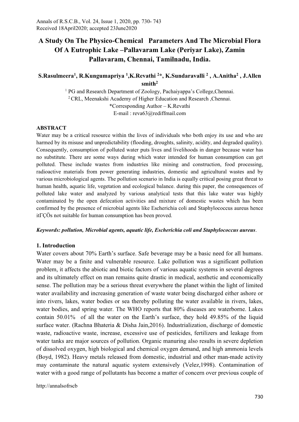 A Study on the Physico-Chemical Parameters and the Microbial Flora of a Eutrophic Lake –Pallavaram Lake (Periyar Lake), Zamin Pallavaram, Chennai, Tamilnadu, India