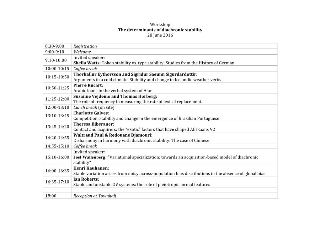 Workshop the Determinants of Diachronic Stability 28 June 2016 8